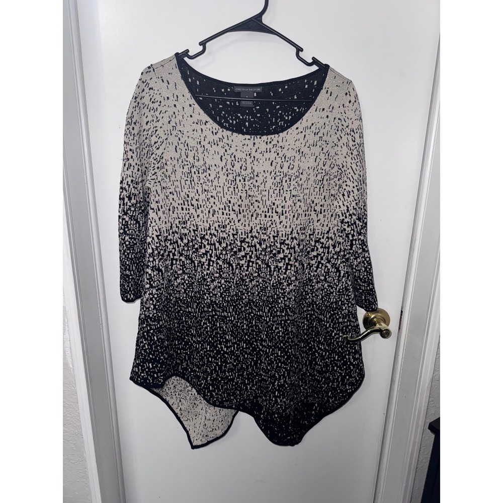 Chelsea & Theodore Black Silver Metallic Ombre Asymmetrical Sharkbite Tunic S